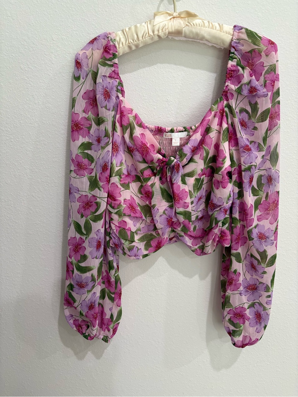 Gianni Bini GB Pink & Purple Floral Crop Top Long Sleeve Square Neck Blouse, Lg